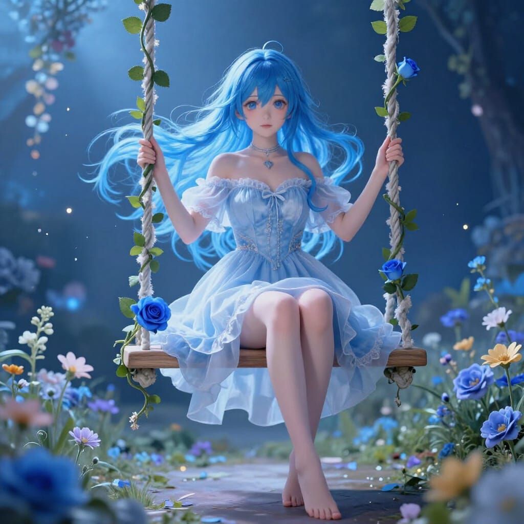 Anime Girl on Swing with Blue Roses in Dreamy Palette
