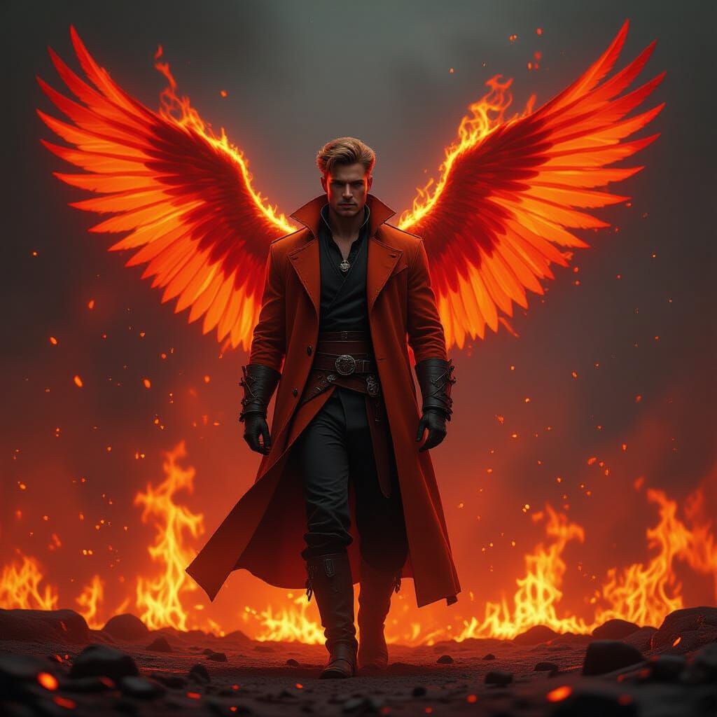 Phoenix Man in Inferno with Fiery Wings