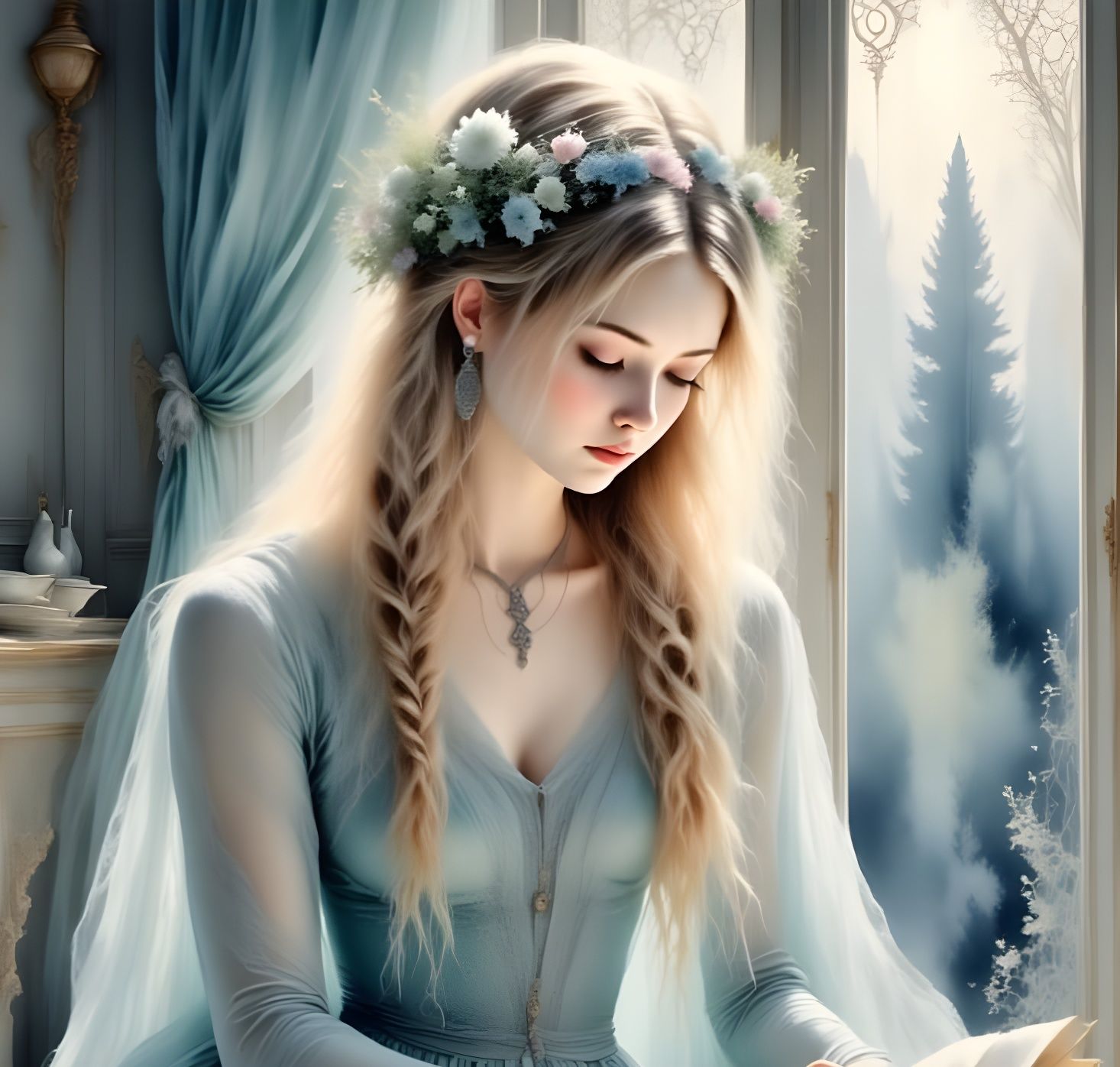 Norse Goddess Reading in Pastel Watercolor