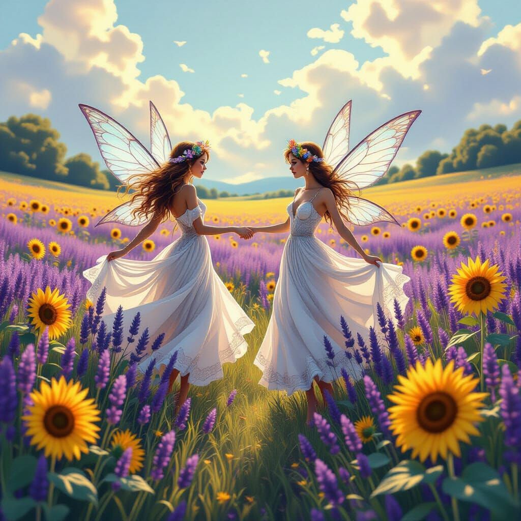 Fae Dance in Lavender Sunflower Field: Dreamy Art