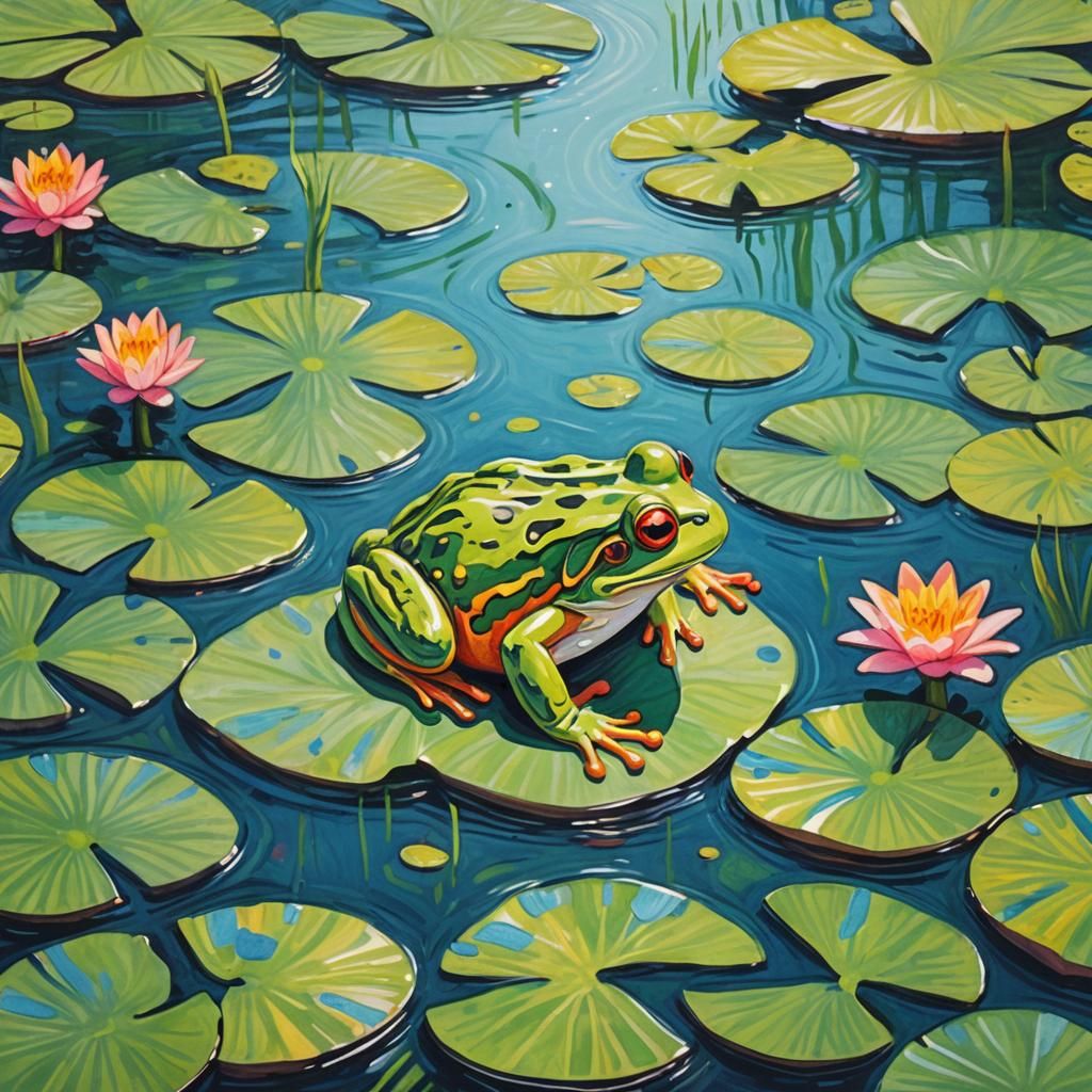 Colorful Frog on Lily Pad in Naive Art Style