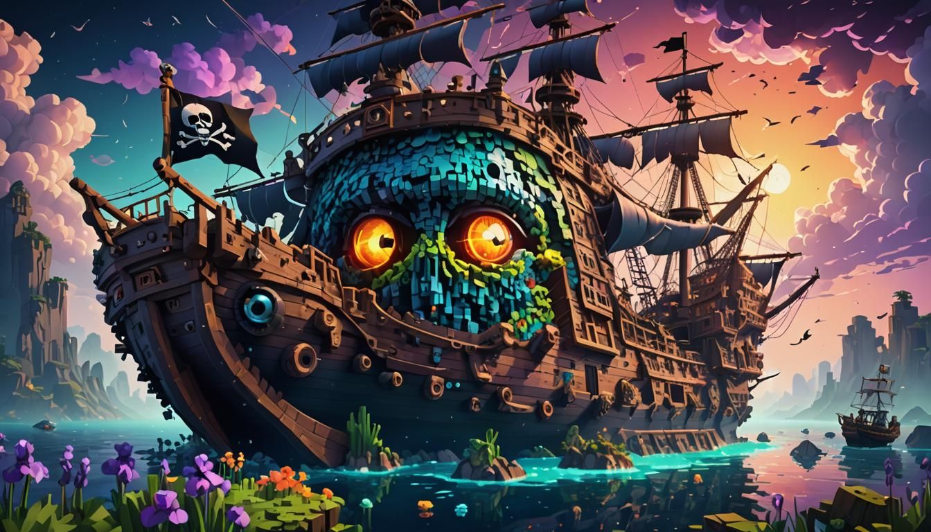 Pixelated Pirate Ship Sails on Surreal Eye