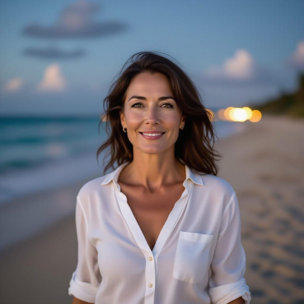 Smiling Woman on Beach at Night