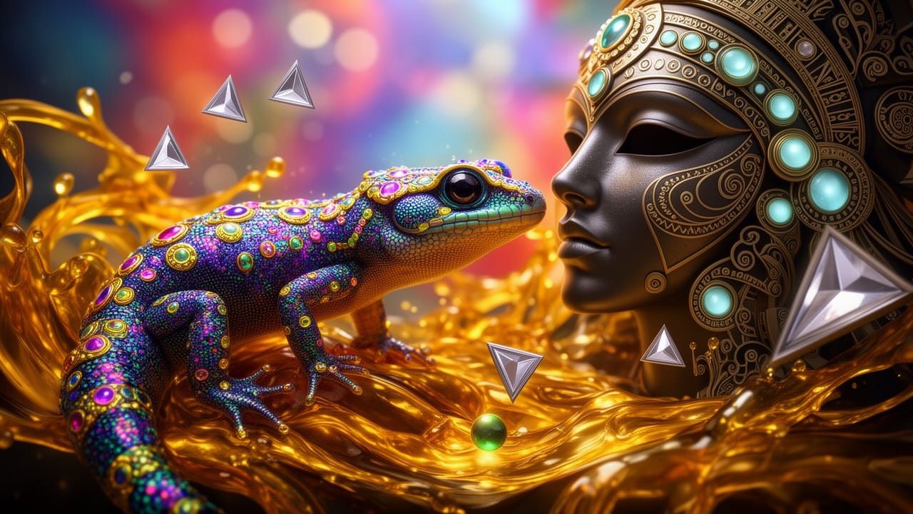 Iridescent Fractal Salamander with Inca Mask and Molten Gold