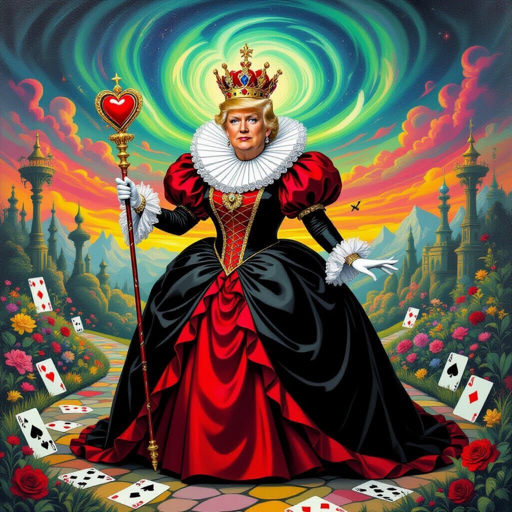Donald Trump as Queen of Hearts in Psychedelic Garden