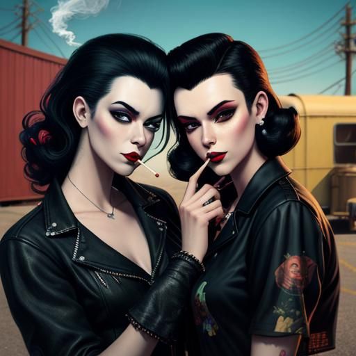Retro rockabilly vampire girlfriends enjoying trailer park hot summer day