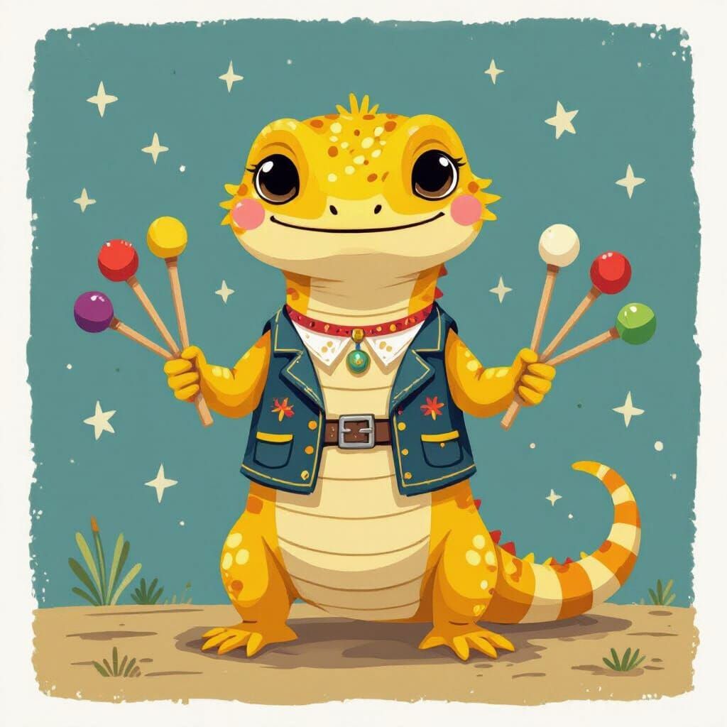 Cute Gecko Musician with Marimba Mallets Hand Drawing