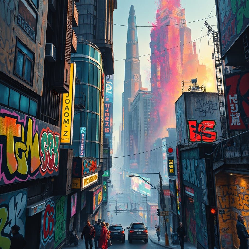Futuristic Graffiti Metropolis in Vibrant Mixed Media
