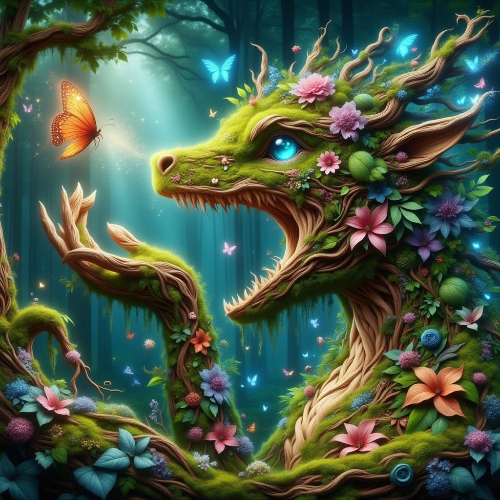 Moss Dragon and Butterfly in Enchanted Forest