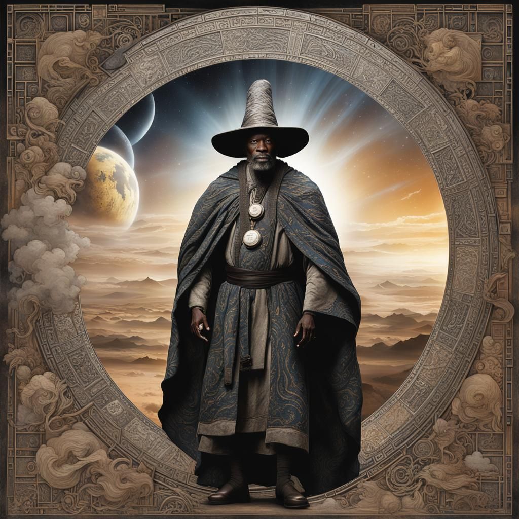 Celestial Gateway: African Explorer in Surreal Scene