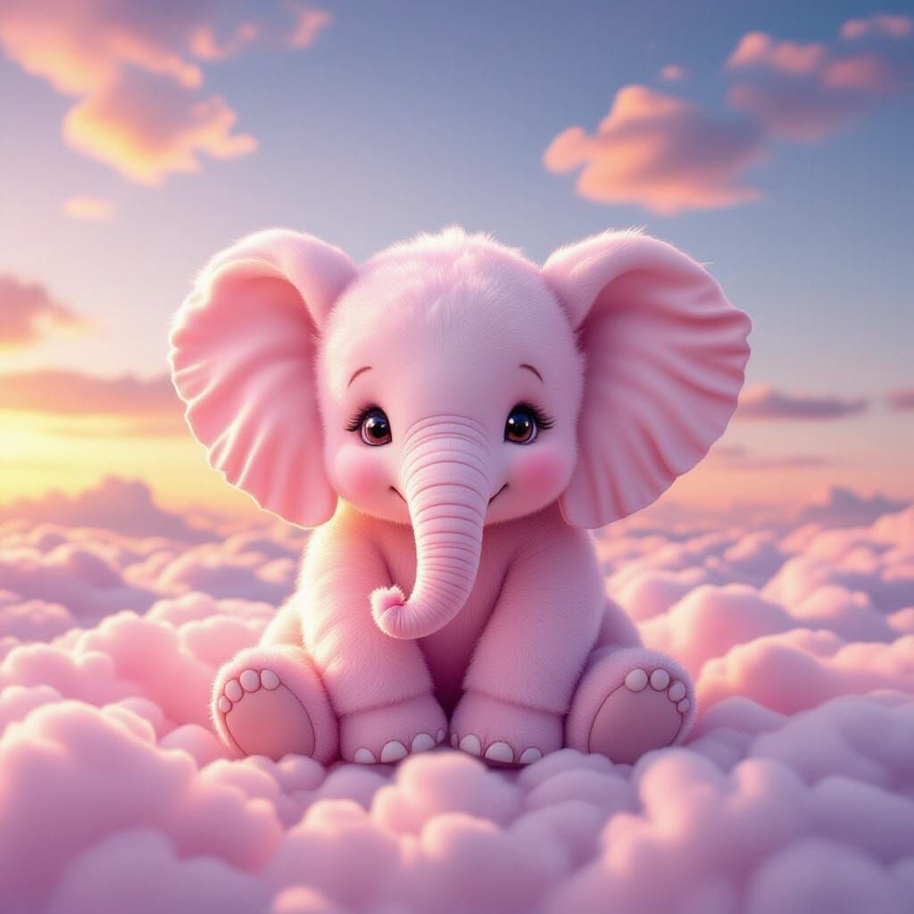 Cute Pink Fluffy Elephant on Cotton Candy Cloud
