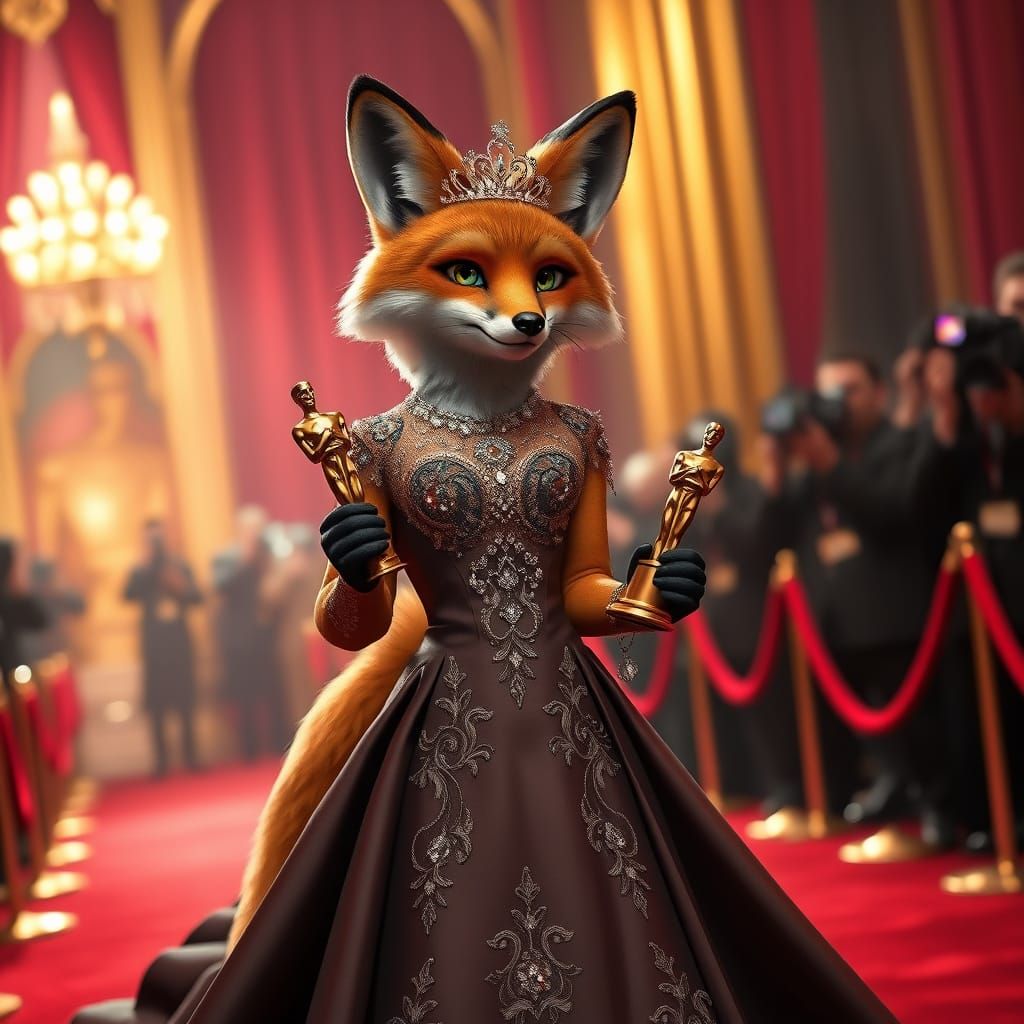 Regal Fox in High-Fashion Gown, Oscar Statuette, and Tiara