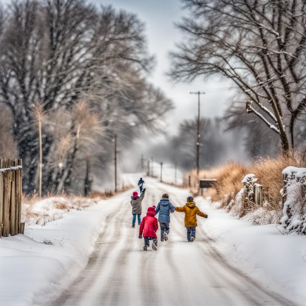 Hyperrealistic Snowy Road Scene with Children Playing
