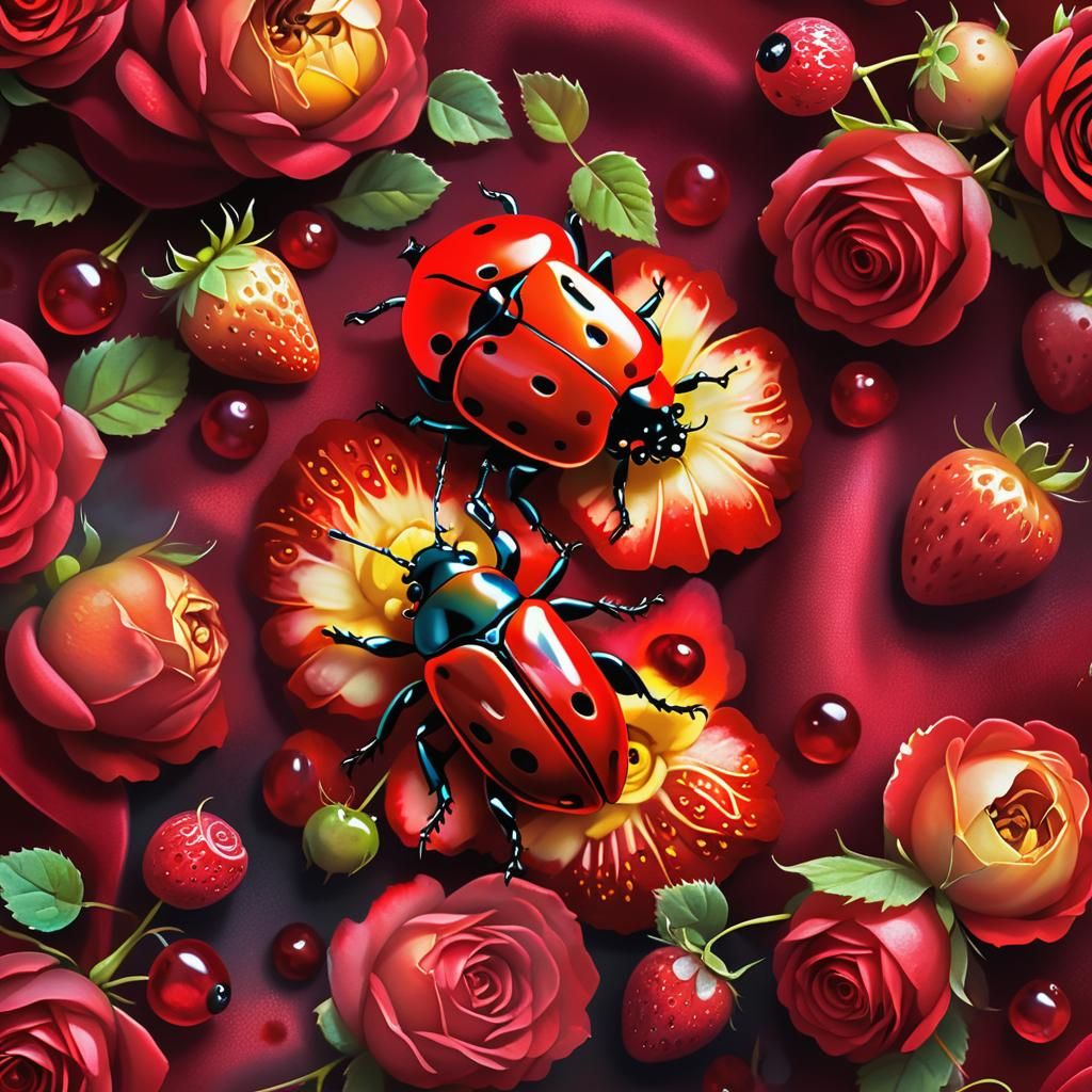 Red Beetles and Roses in Whimsical Digital Art
