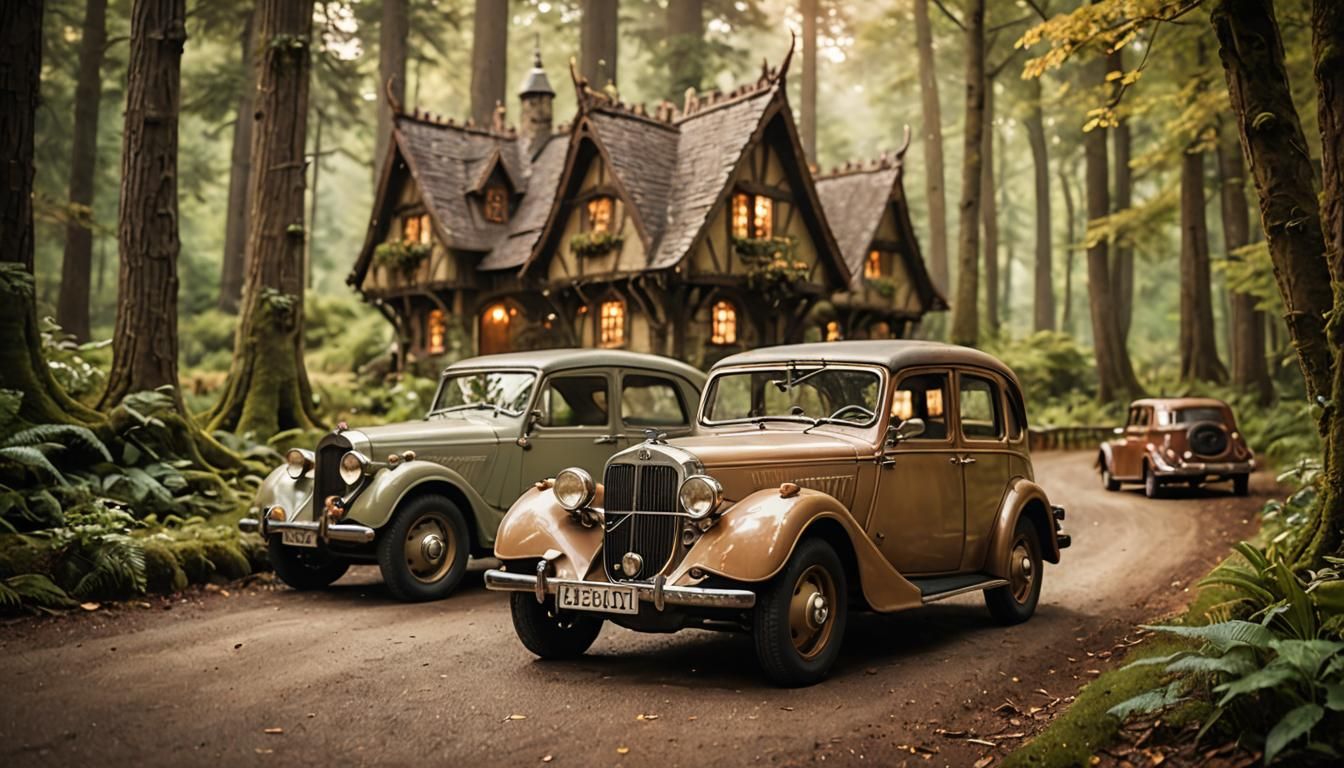 Elven Cars Parked Along Forest Path in High Fantasy Style