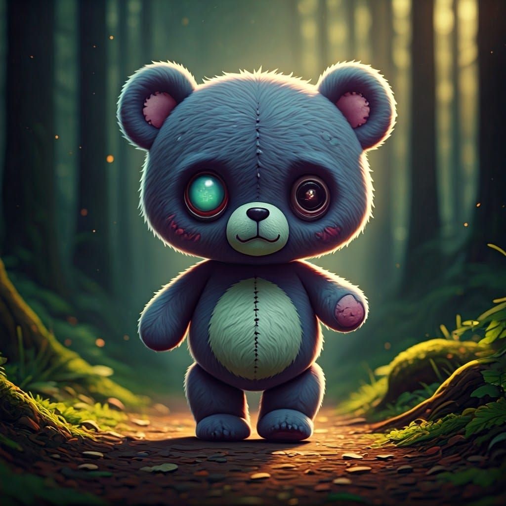 Chibi Zombie Teddy Bear in Forest, Cartoon Illustration