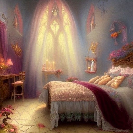 Ethereal Gothic Princess in Misty Bedroom