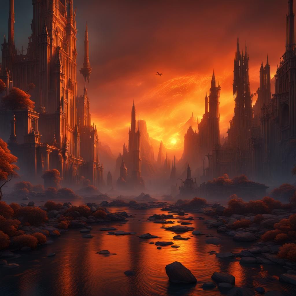 Fantastical Orange Sky Matte Painting in Deep Color