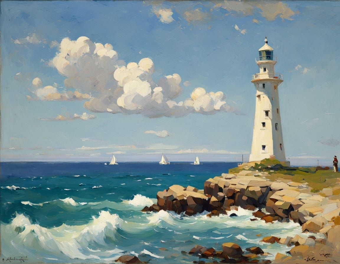 Island Lighthouse: Oil Painting in Pictorial Style