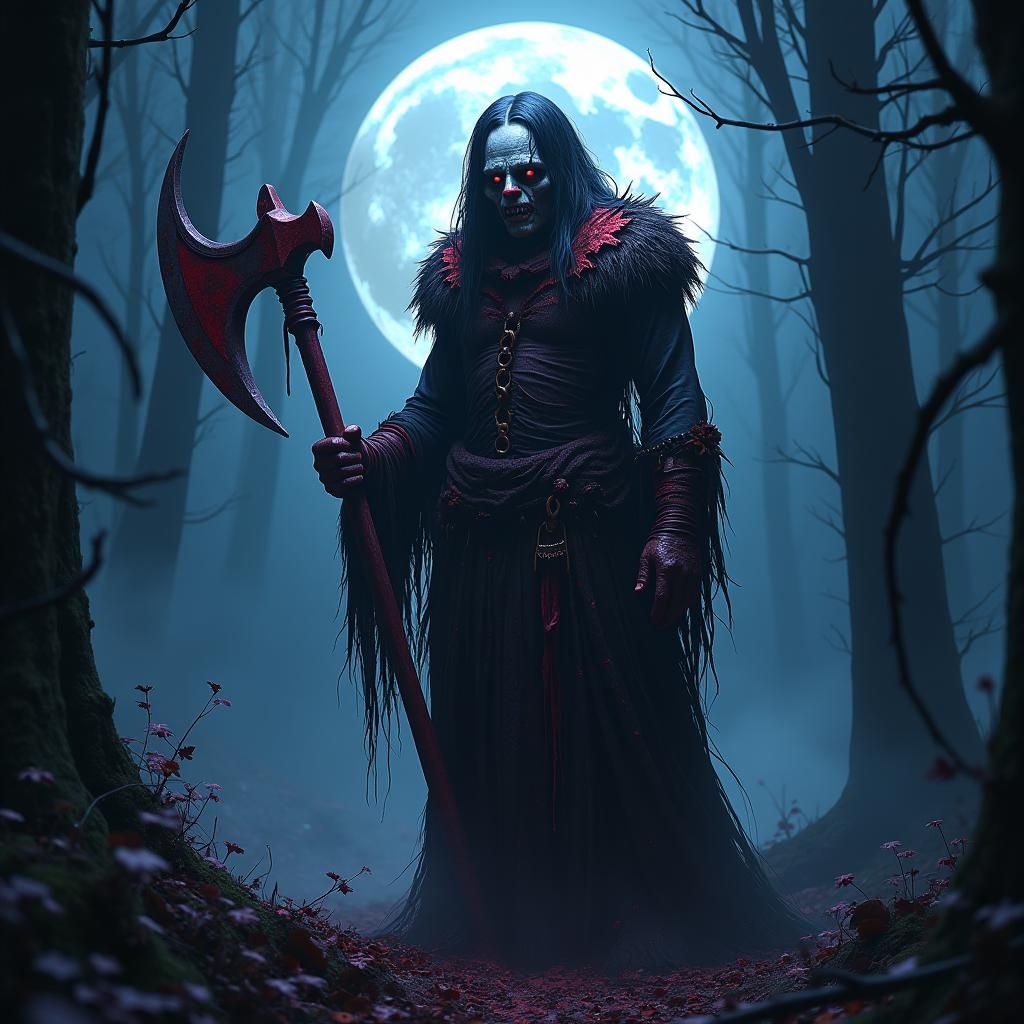 Surreal PsycoKlown Emerges from Dark Forest Under Full Moon