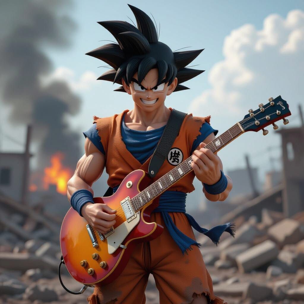 Goku with Electric Guitar in War-Torn Landscape