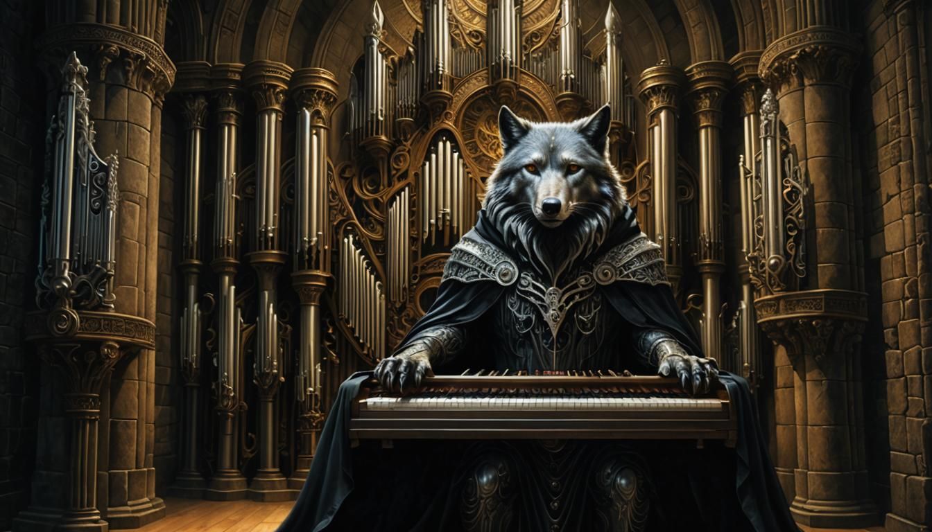 Wolf at Pipe Organ in Dark Surrealism Style