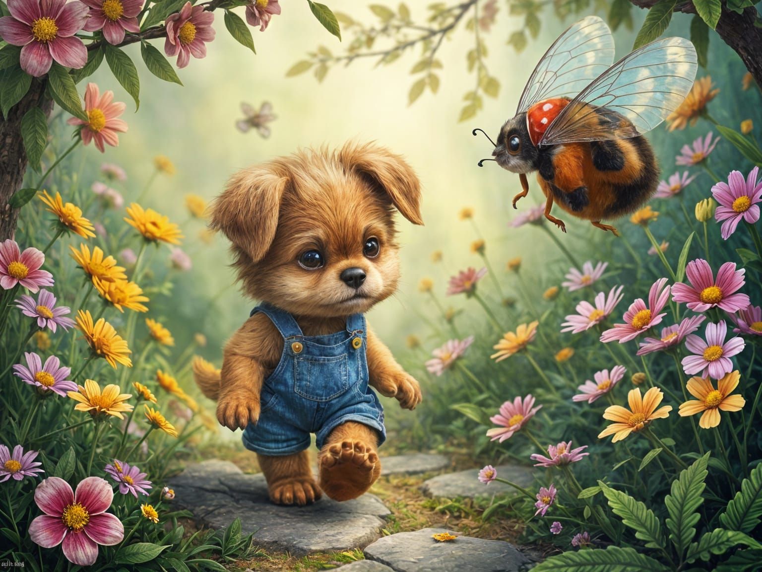 Puppy-Troll in Magical Garden, Whimsical Illustration