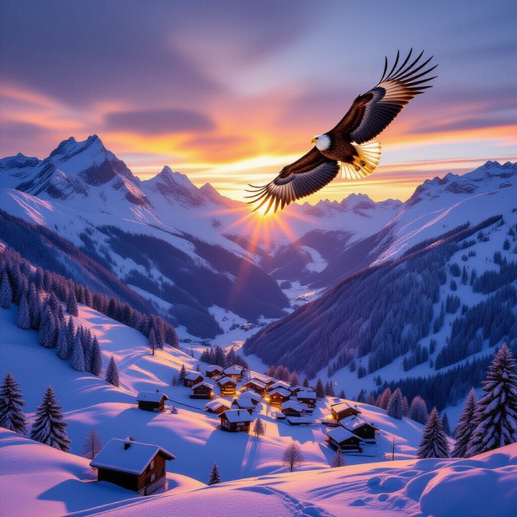 Majestic Eagle Over Swiss Alps at Sunset