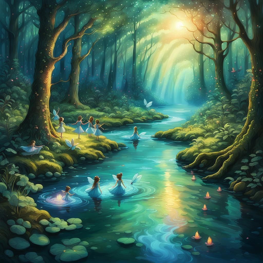 Iridescent Fairies' Forest Stream Swimming Party
