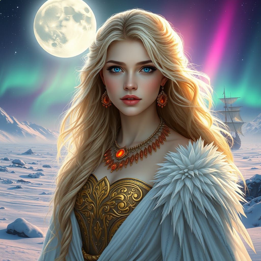 Ethereal Goddess in Snowy Landscape with Viking Longship