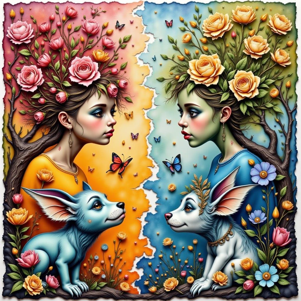 Surreal Collage of Seasonal Creatures in Distressed Style