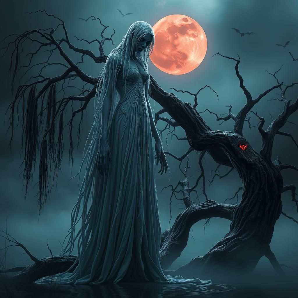 Eerie Banshee by Weeping Willow Under Blood Moon