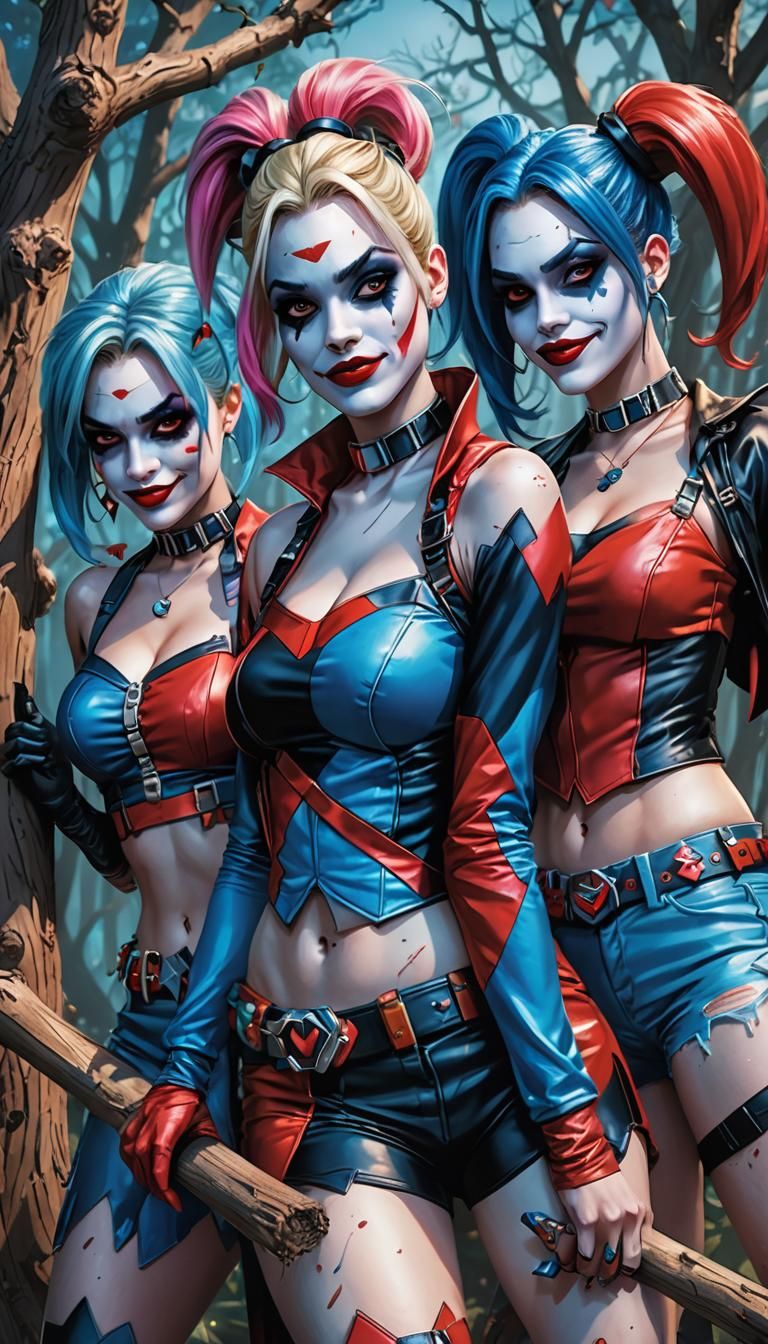 Three Harley Quinns on Branch in Digital Art