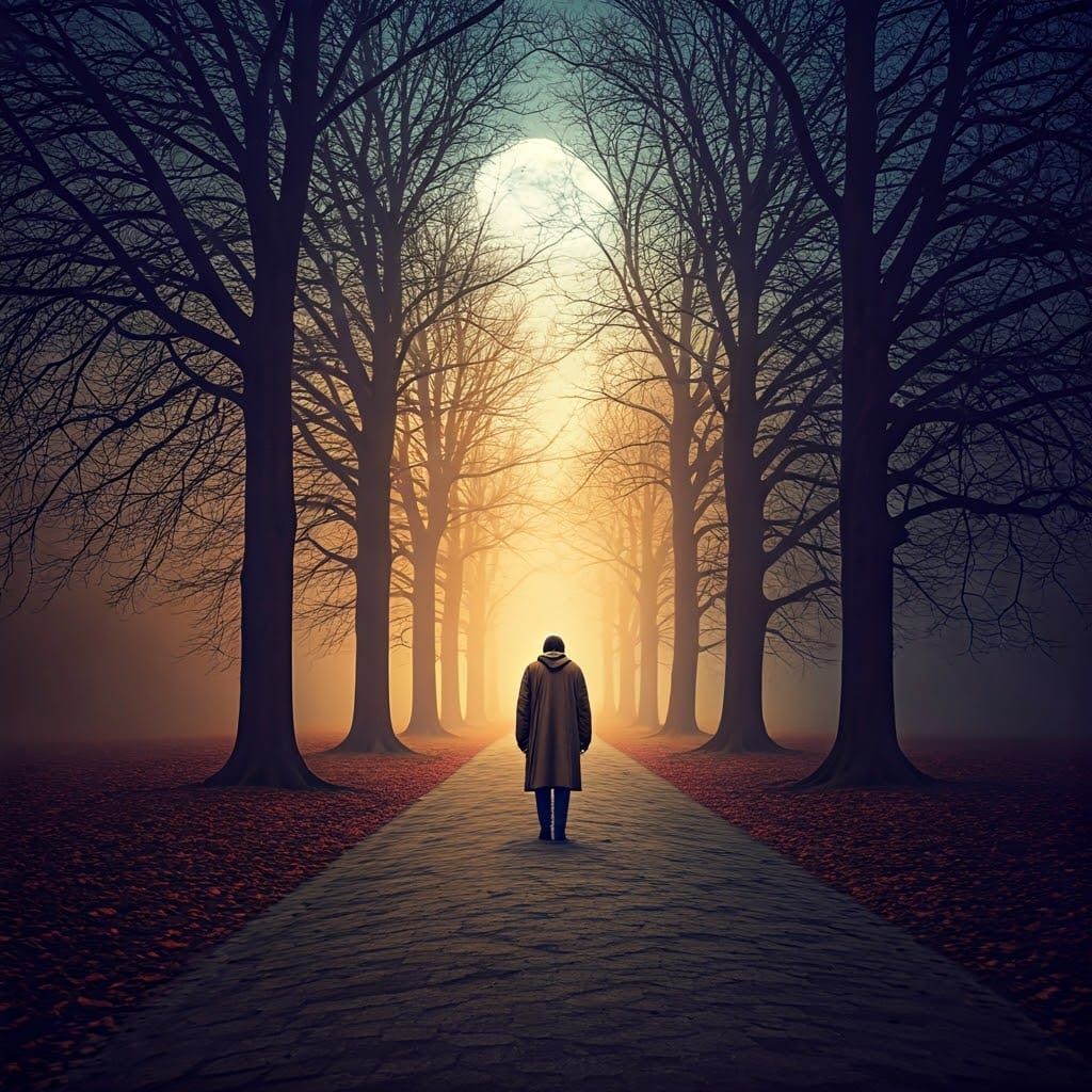 Solitary Figure Walks Misty Path Under Moonlight