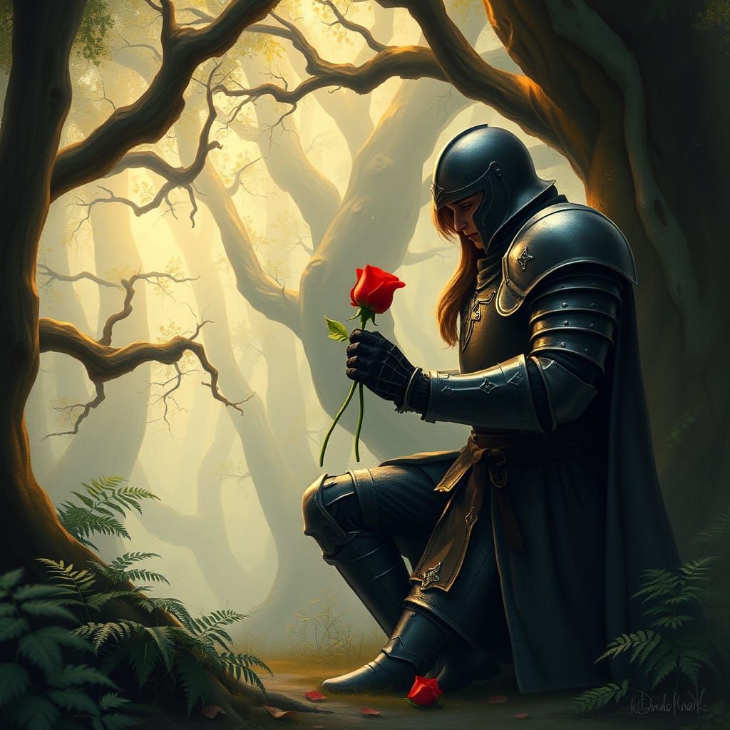 Chivalrous Knight Offers Rose to Enchanted Women Elf in Whim...