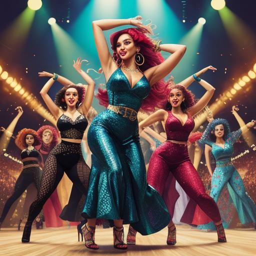 Boombastic Figure Surrounded by Dancing Women