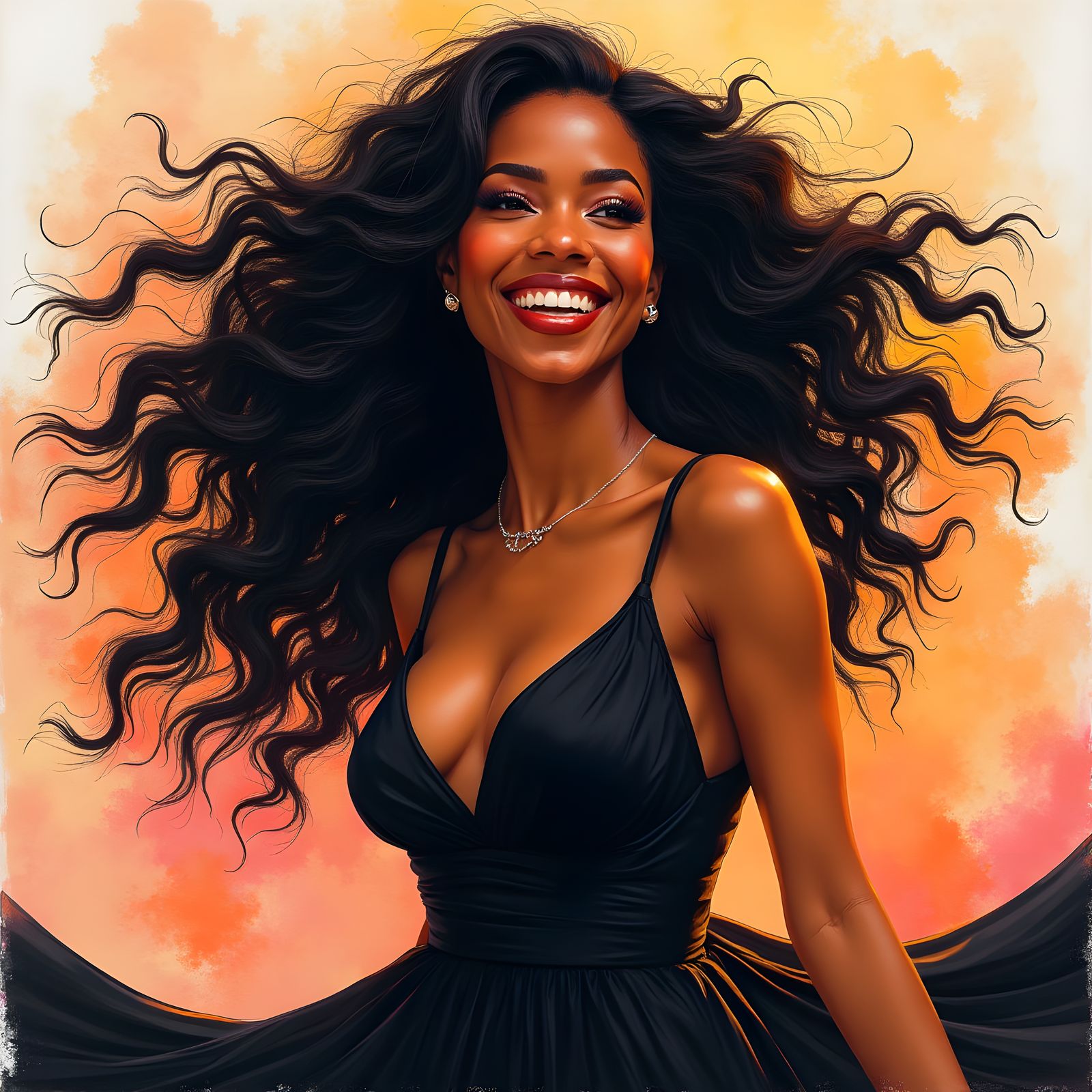 Glamorous African American Woman in Watercolor Graffiti Art