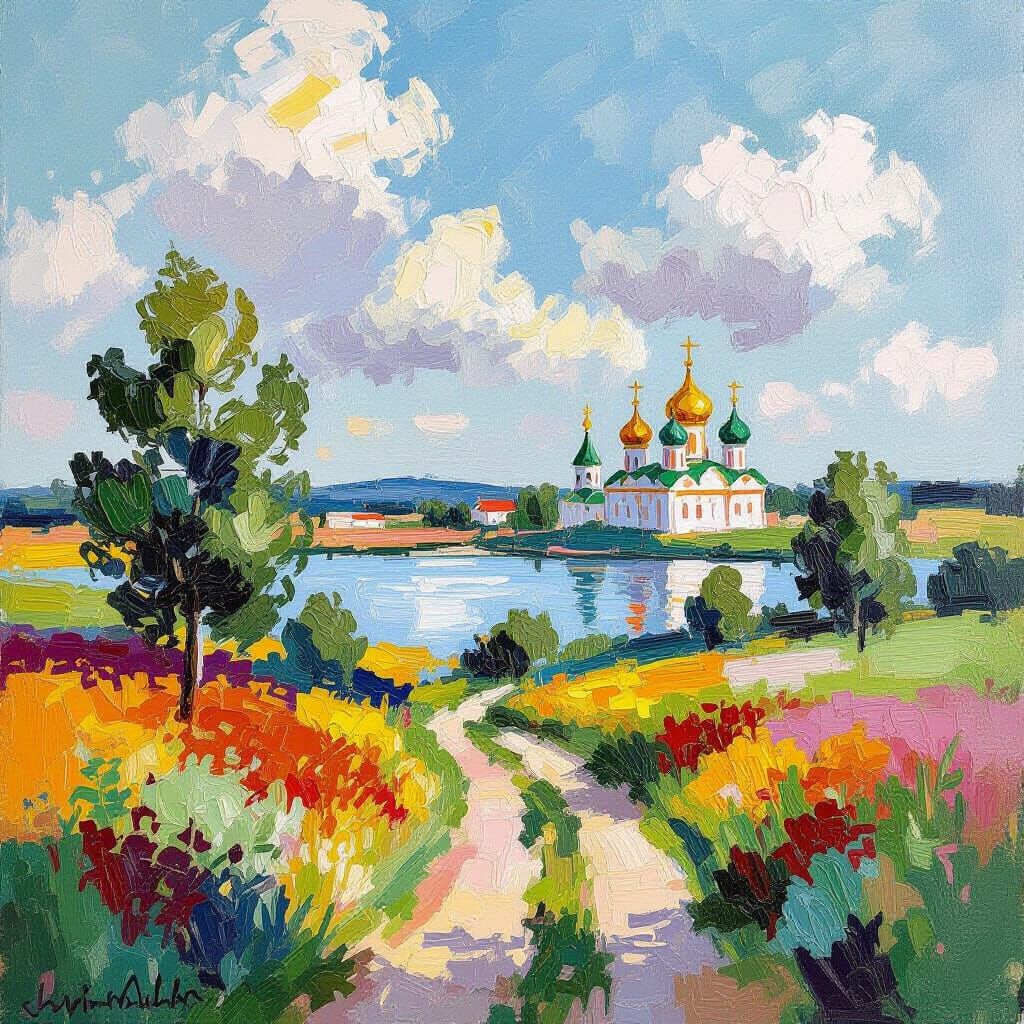 Idyllic Russian Landscape as Impasto Gouache Painting