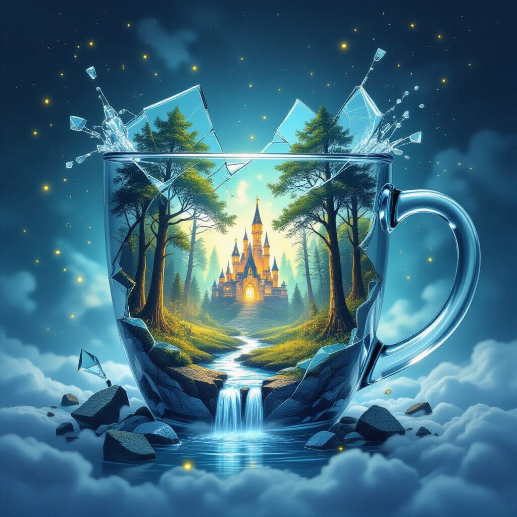 Enchanted Forest in Shattered Mug: Dreamlike Composition