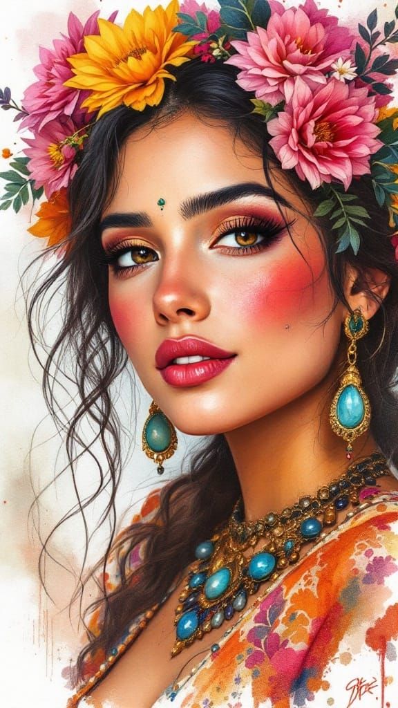 Peruvian Folk Art Portrait in Vibrant Aquarel Style