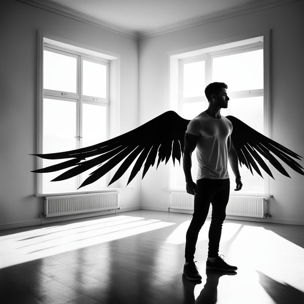 Dramatic Double Exposure: Winged Silhouette in Shadow