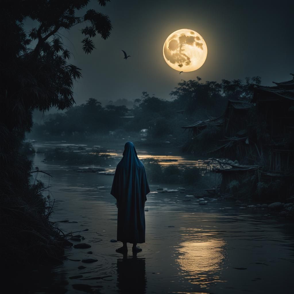 Ghost of Mae Nak by the River at Night