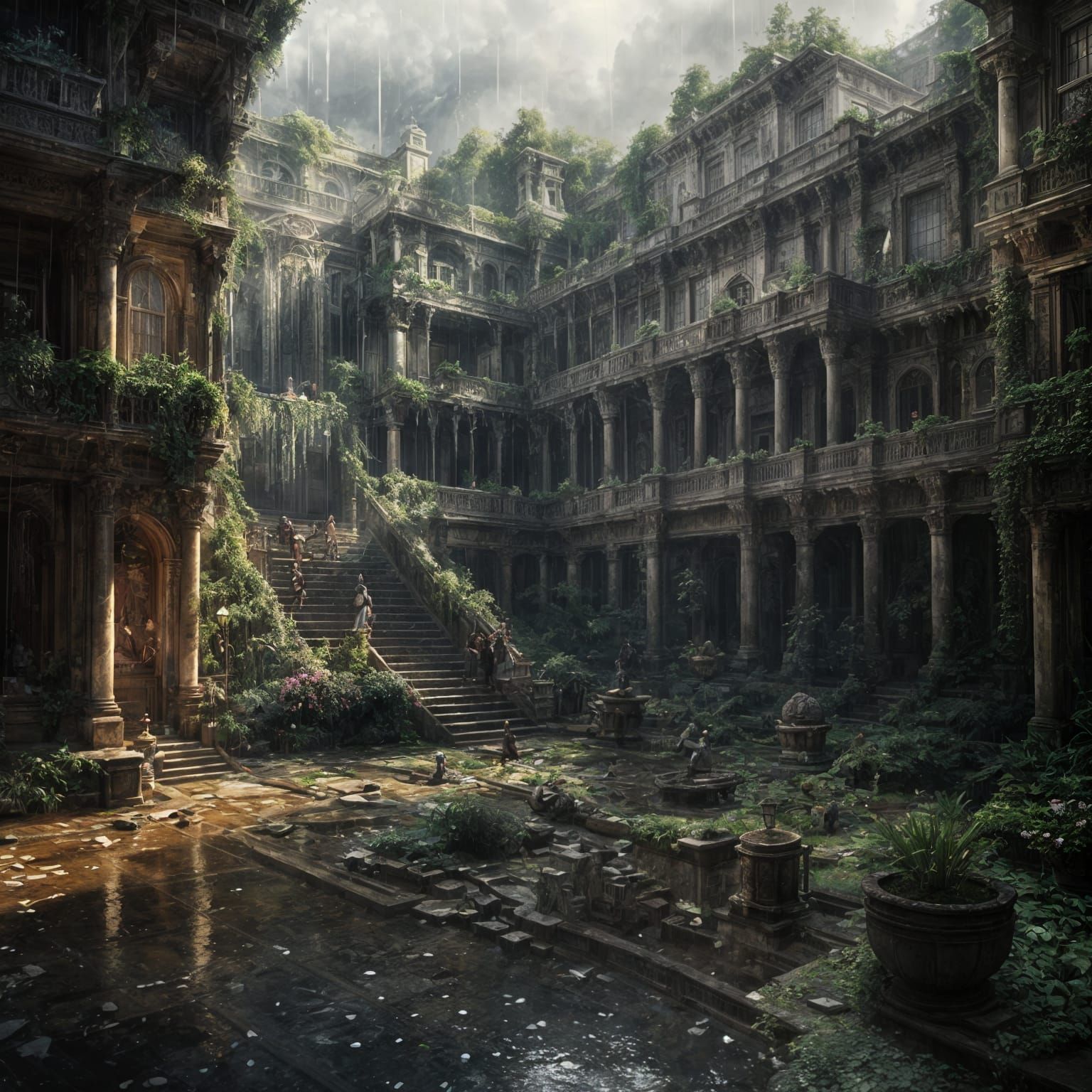 Rain-Fed Cascades in Hollow Courtyards: Digital Matte Painti...