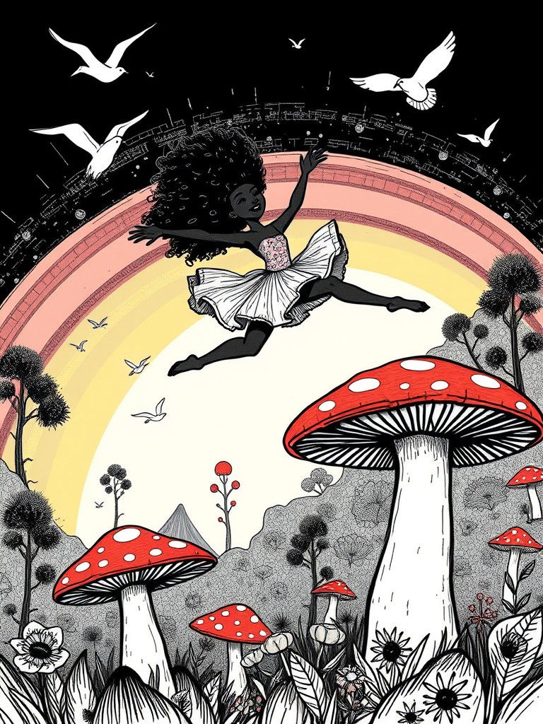 Black Ballerina Leaping in Whimsical Forest
