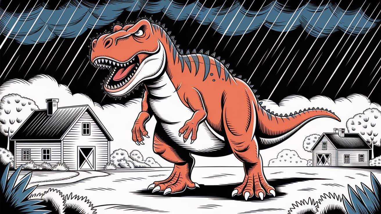 Happy Orange T-Rex in Rainstorm, Colored-Ink Illustration