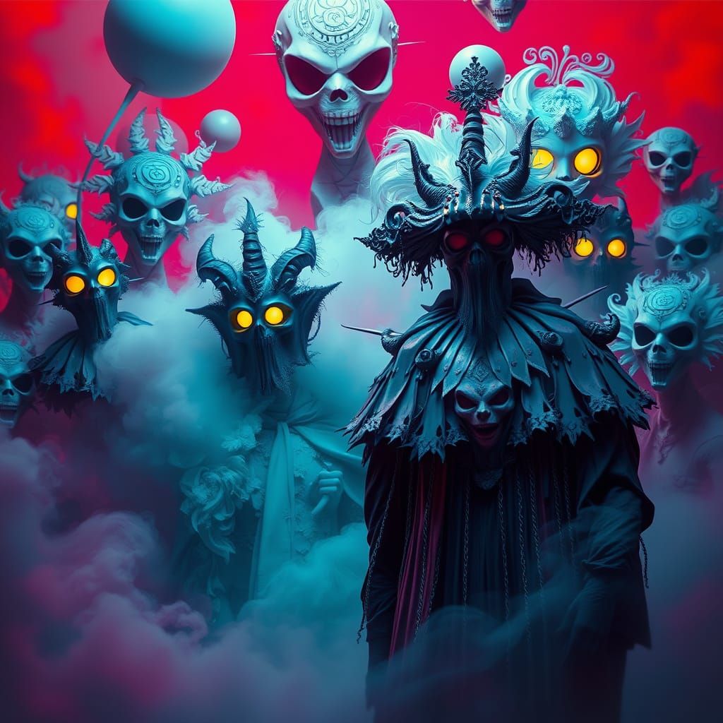 Vibrant Figures in Eerie Masks, a Surrealistic Scene