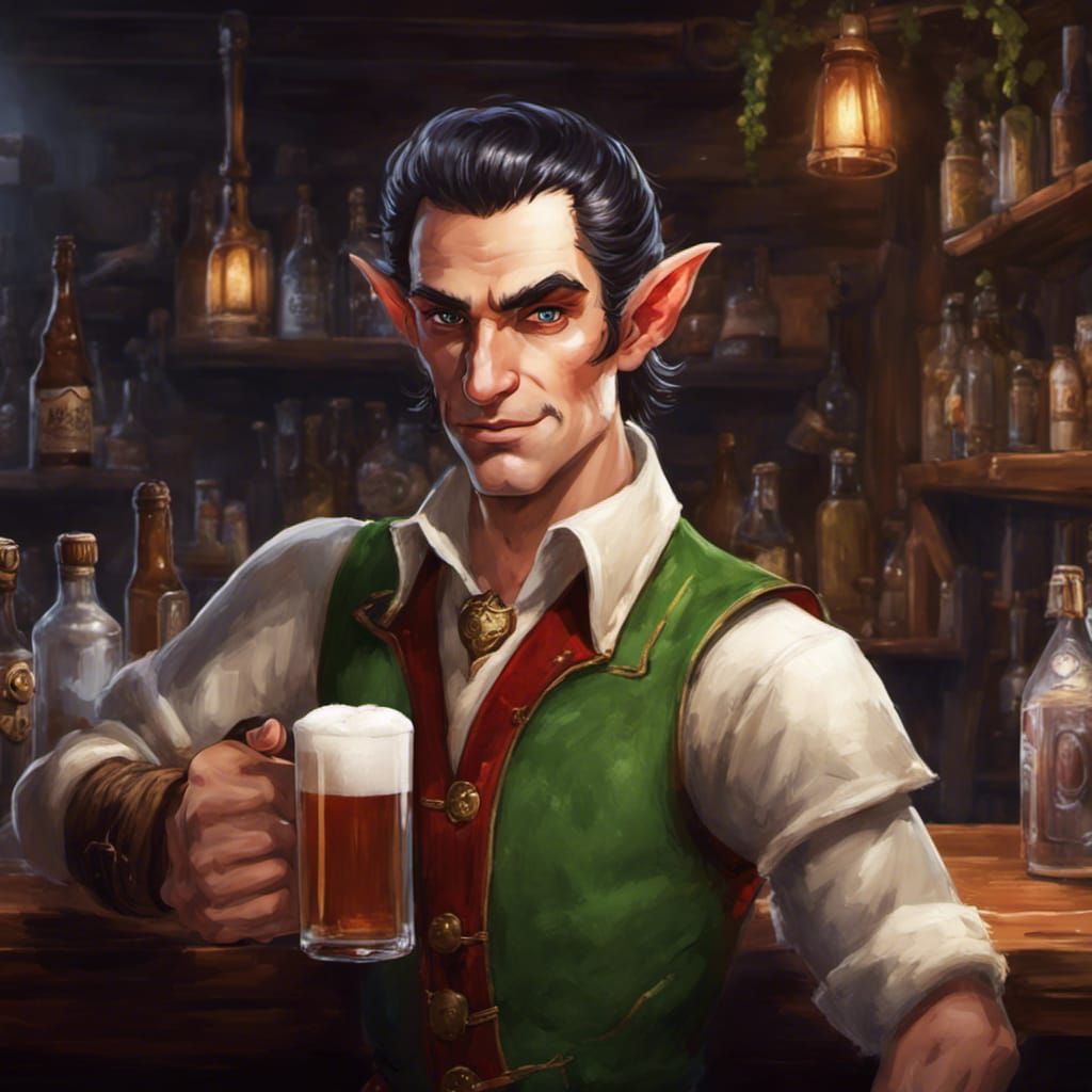 Elf Bartender in Fantasy Tavern: Hyperrealistic Splash Art