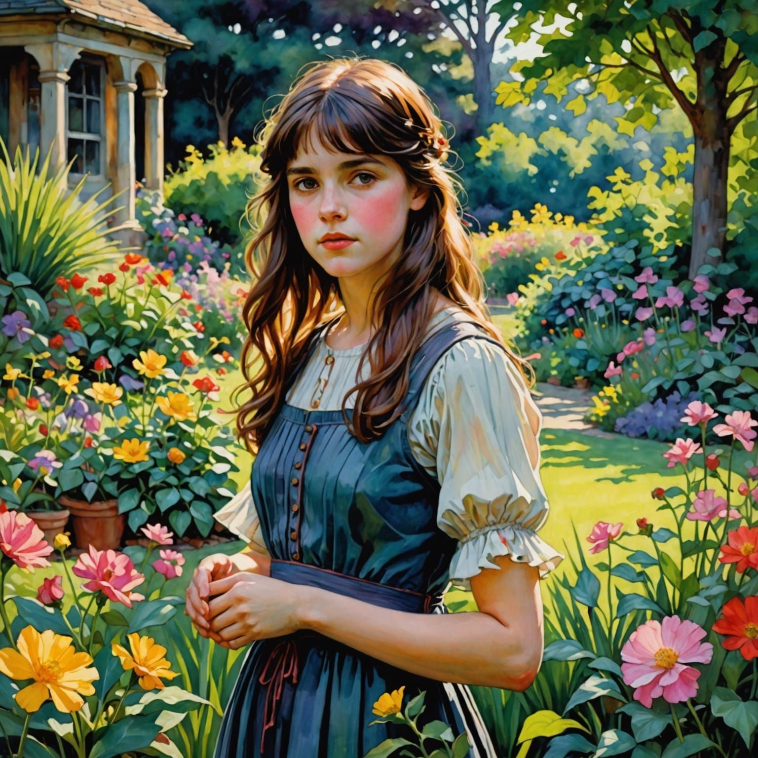 Girl in a Vibrant Garden Scene