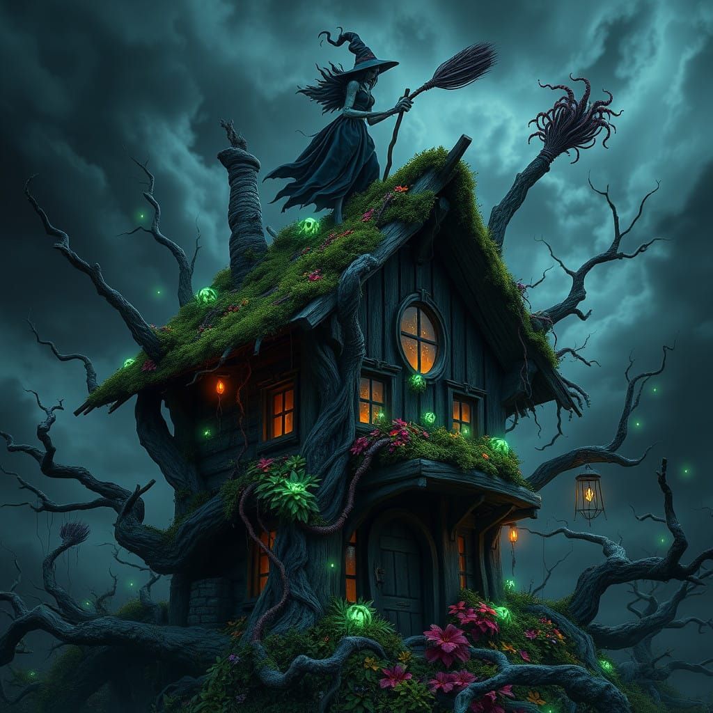 Surreal Witch House Amidst Twisted Trees and Dark Skies