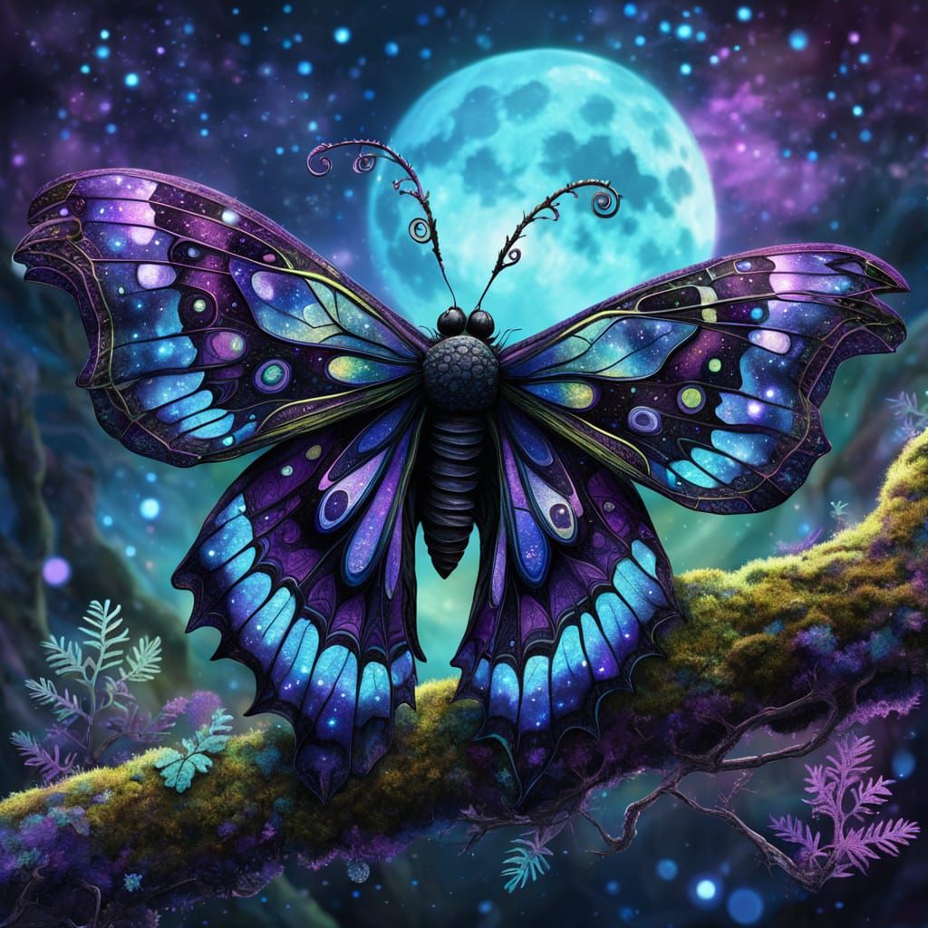 Cosmic Moth with Frilly Antennae in Moonlight